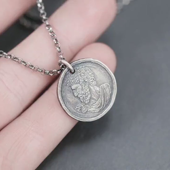 Silver Marcus Aurelius Roman emperor coin necklace, Ancient stoicism pendant, mens meditation gift, anxiety relief personalized jewelry