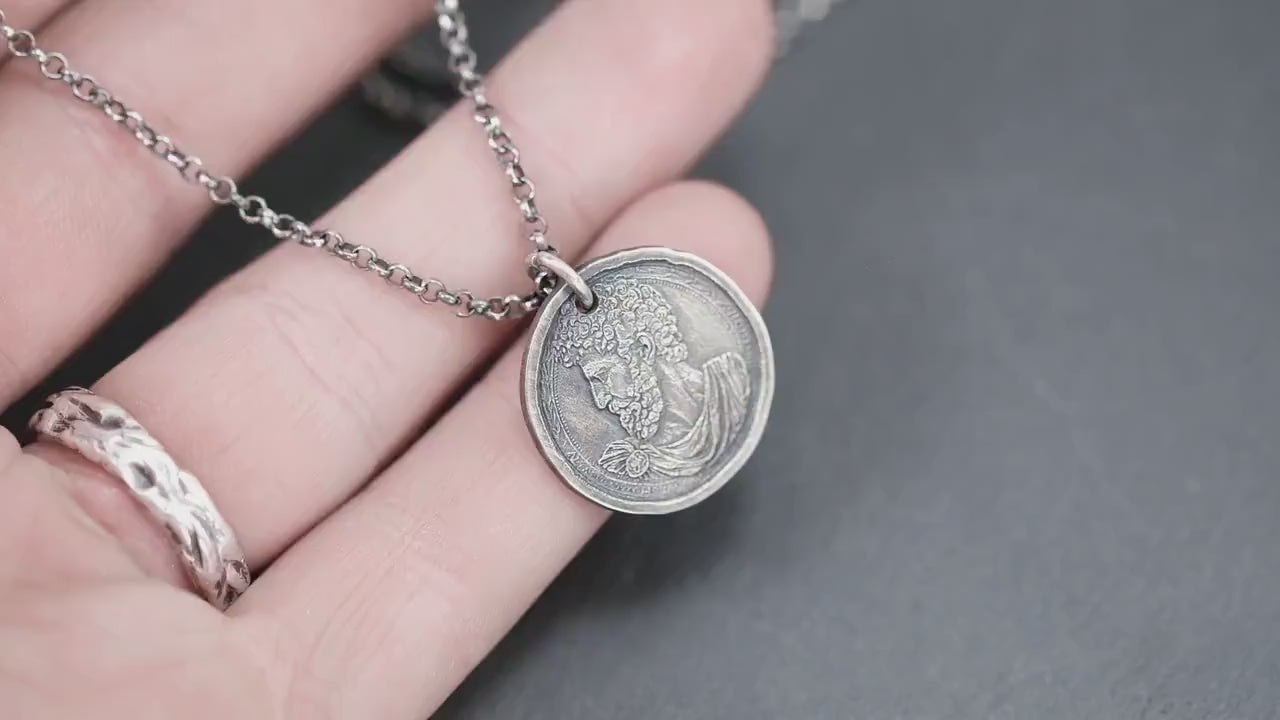 Silver Marcus Aurelius Roman emperor coin necklace, Ancient stoicism pendant, mens meditation gift, anxiety relief personalized jewelry