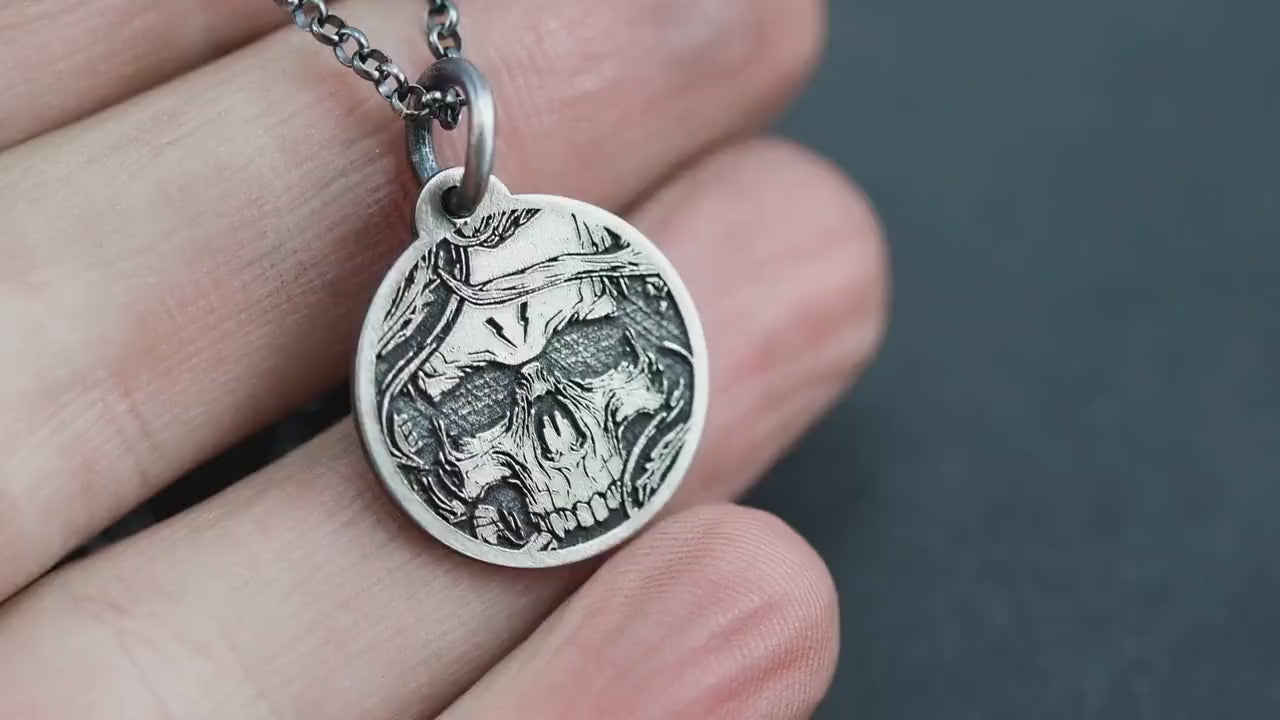 Sterling Silver Memento Mori Coin Necklace. Skull Jewelry, Taphophile Gift, Memento Mori Jewelry, Halloween Gift, mens necklace.