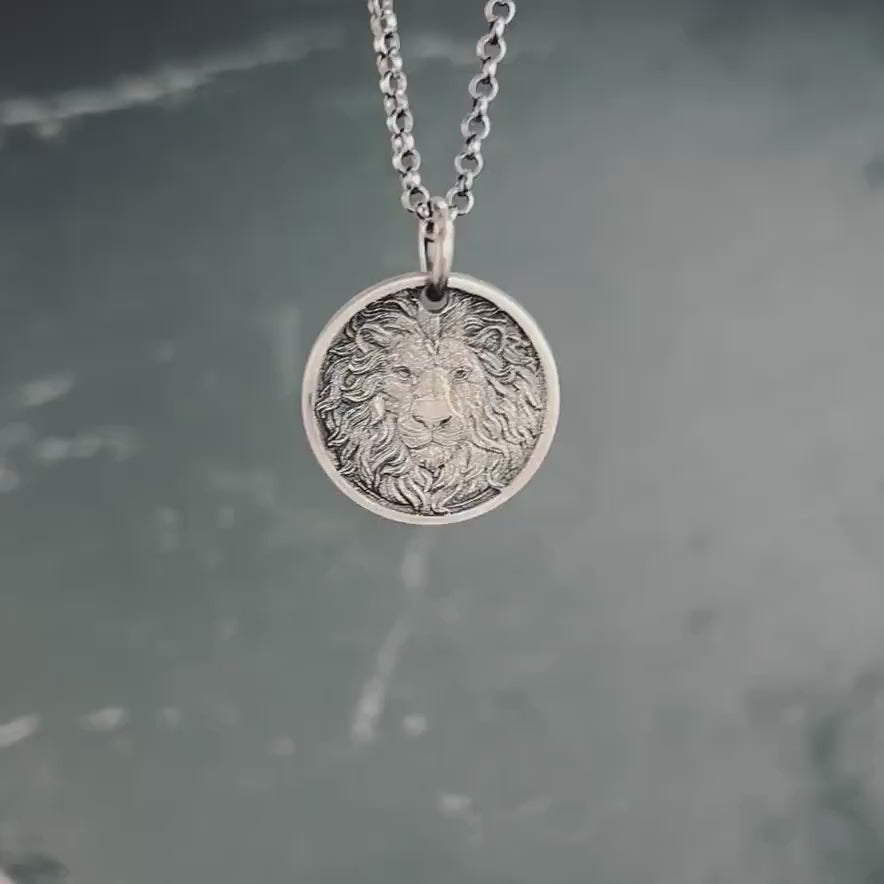 Wild Lion head Silver pendant necklace, Protection Strength amulet Leo zodiac necklace, oxidized Astrology jewelry, mens silver gift