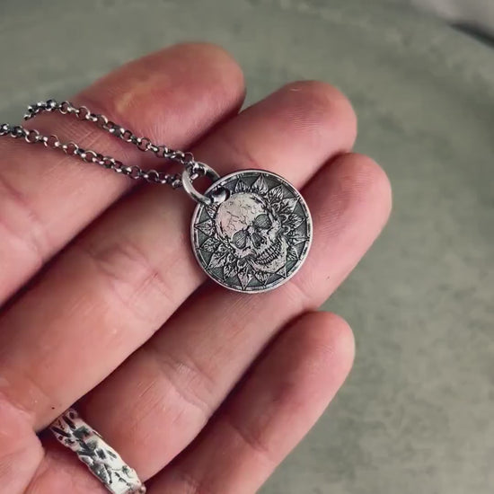 Memento Mori Silver Necklace, Skull Pendant (Engraved, Handmade)