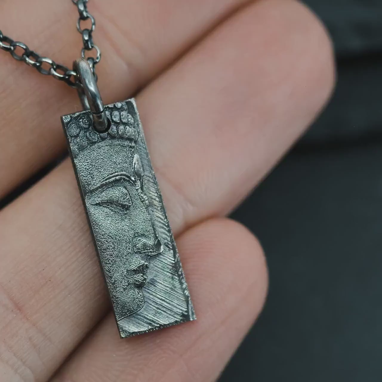 Sterling Silver Buddha Meditation Bar Necklace – Minimalist Rectangular Pendant, Oxidized Spiritual Jewelry