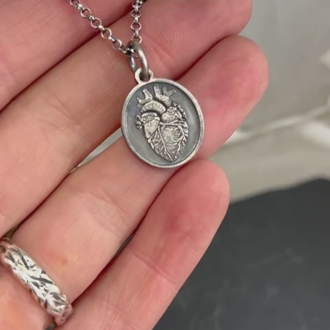 Silver Anatomical Human Heart Pendant Necklace, Rustic Oxidized Silver Jewelry, Unique Gift for Doctors, Nurses, and Anatomy Lovers