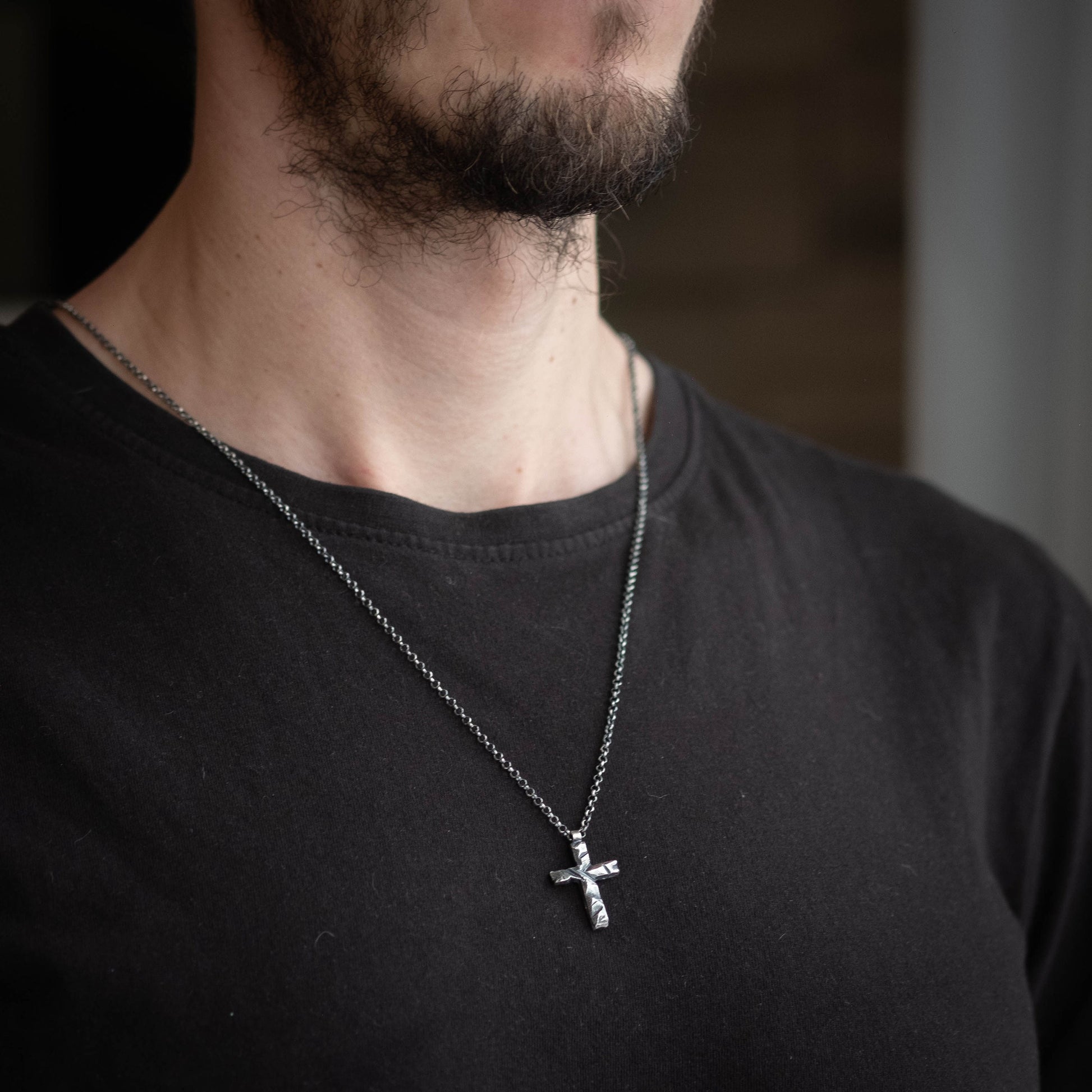 Cross Mens necklace, Strength pendant necklace, Christian gifts, Handmade jewelry, Boyfriend gift, Husband gift, nature jewelry,