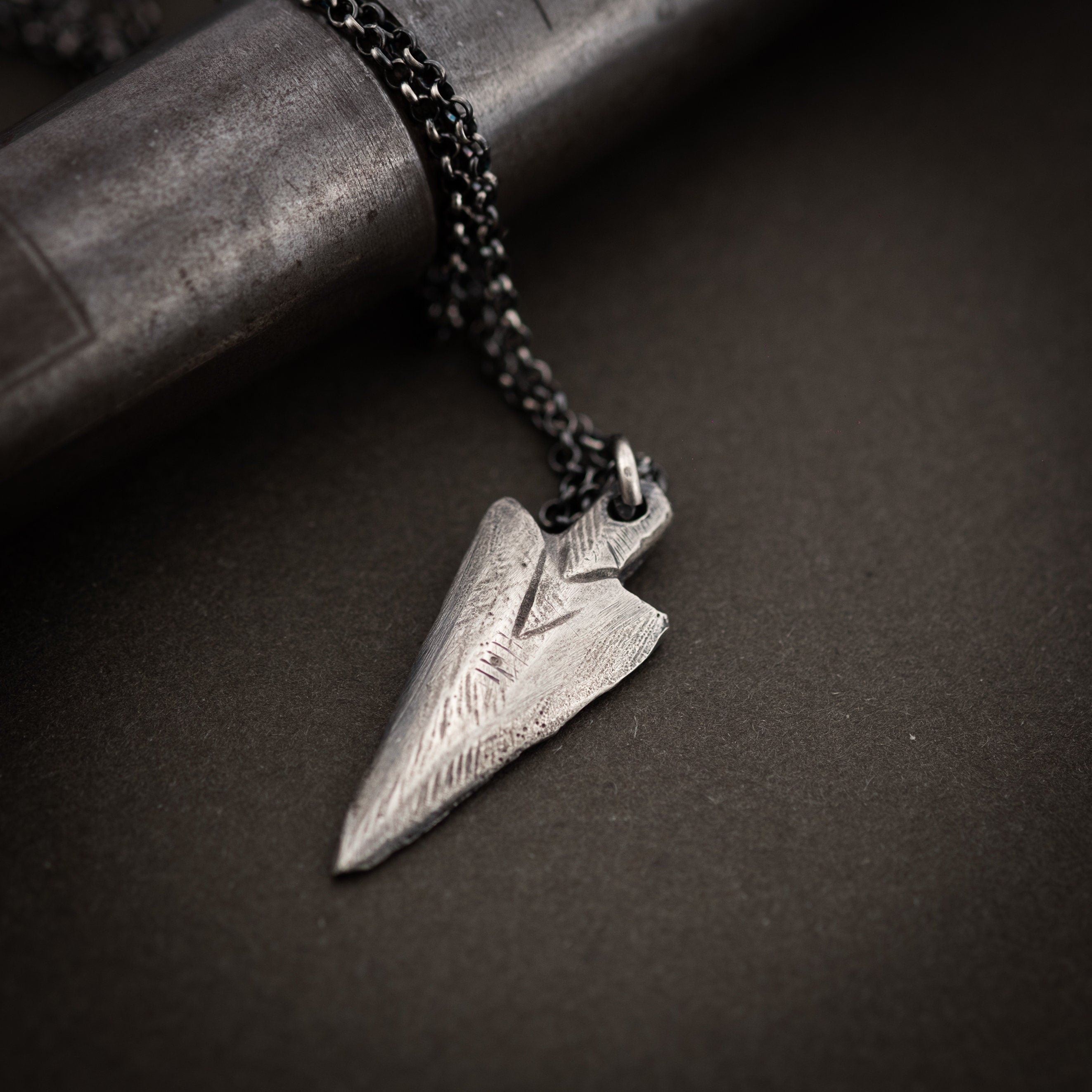 Men's Black Agate Arrowhead Necklace Stainless Steel 24