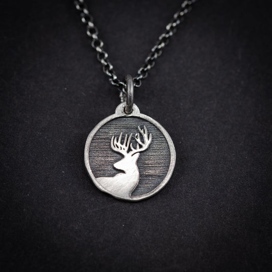 Deer Silver animal pendant necklace, Engraved Personalized forest nature jewelry, Christmas gifts, Antler necklace, mens necklace