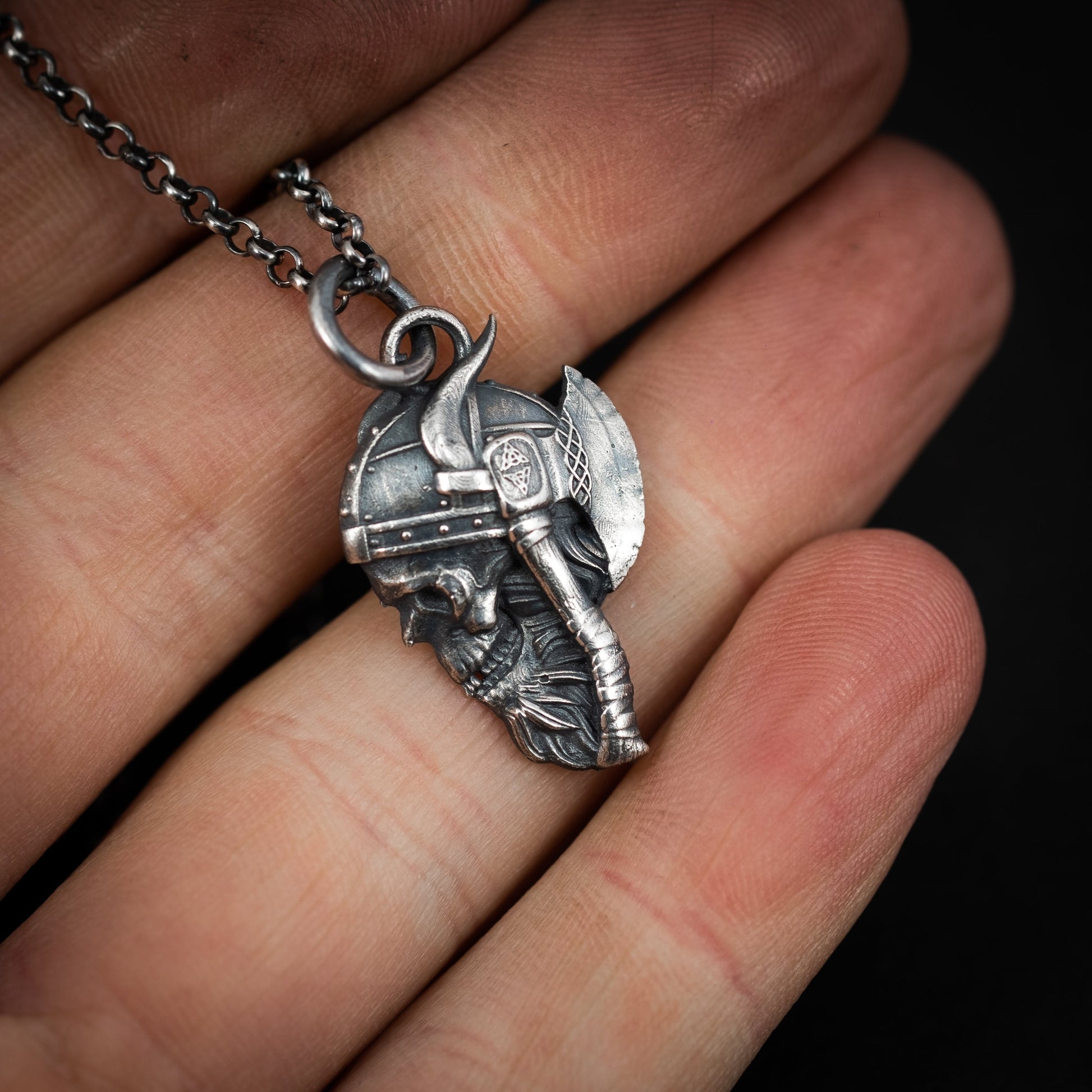 Silver Viking Warrior Necklace, Men skull memento mori necklace, Norse Mythology, Strength necklace, Handmade jewelry, rustic pendant