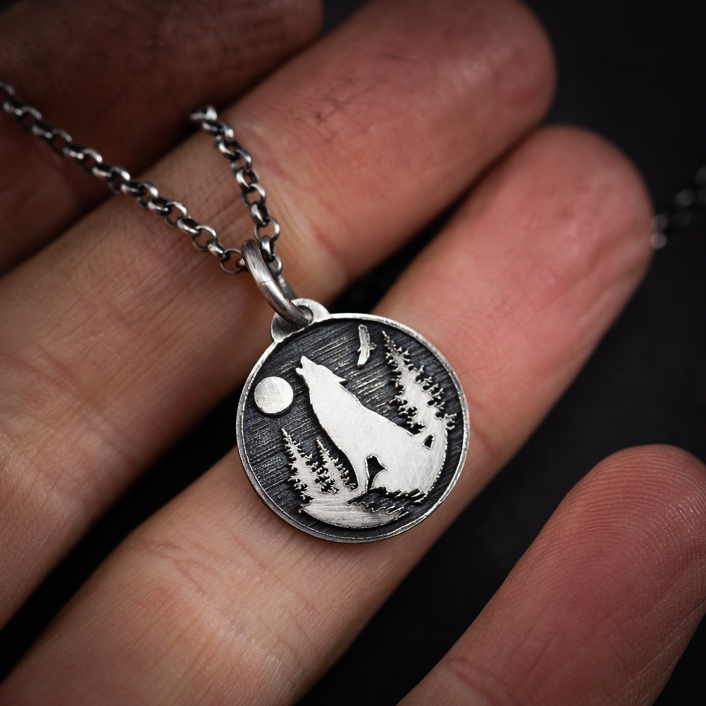 Silver Wolf forest animal pendant necklace, Personalized engraved Unique forest nature jewelry, gift for men, mens necklace