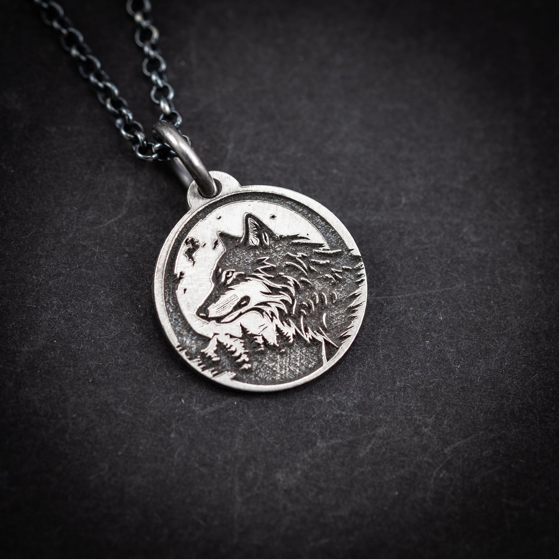 Silver Wolf And moon pendant necklace, Nature animal handmade jewelry, mens forest necklace, personalized engraved jewelry, mens gift