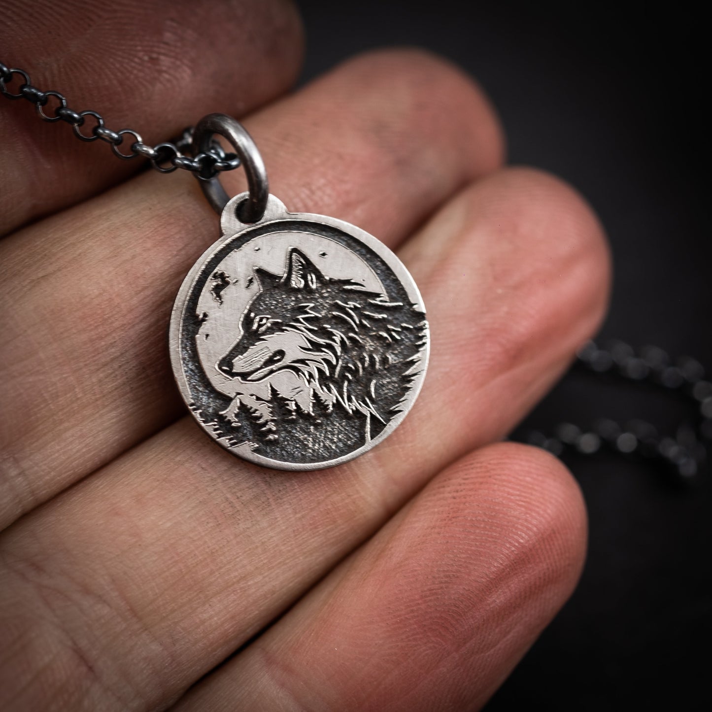 Silver Wolf And moon pendant necklace, Nature animal handmade jewelry, mens forest necklace, personalized engraved jewelry, mens gift