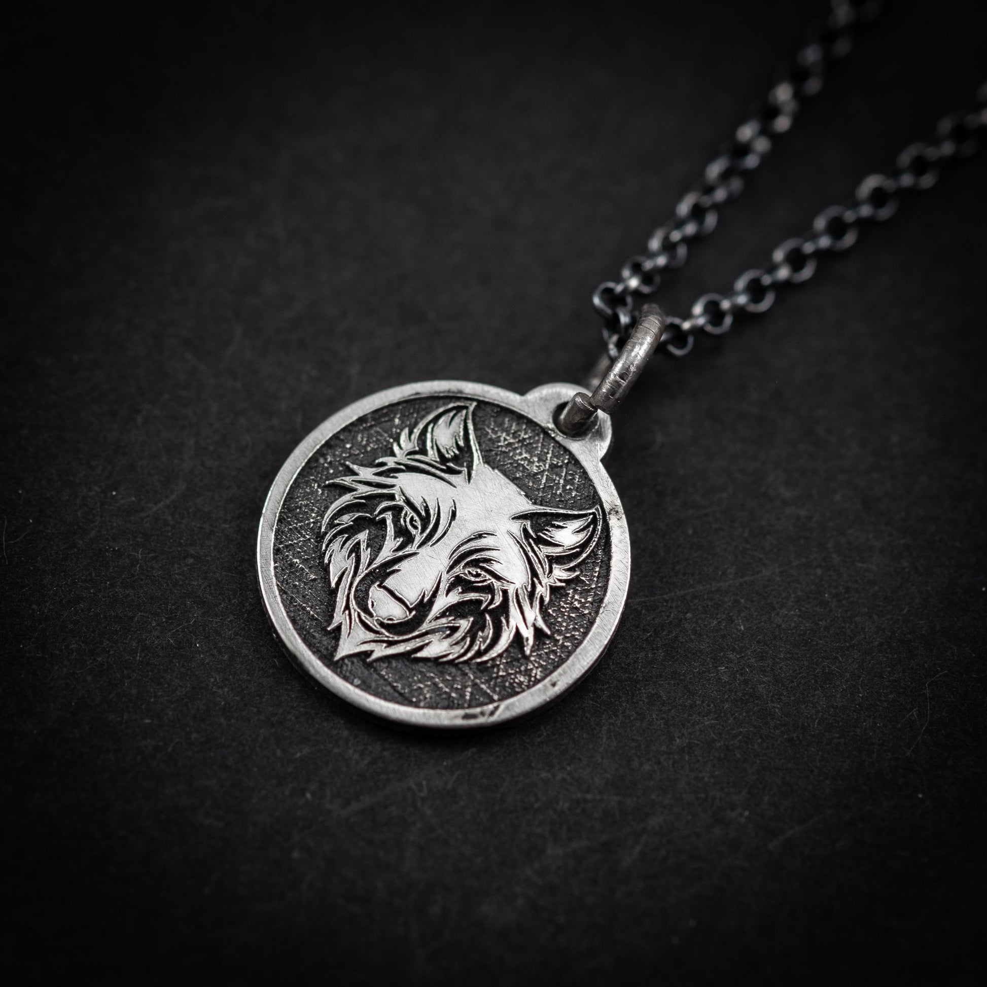 Silver Engraved Wolf Head animal pendant necklace, Unique forest nature jewelry, gift for men, mens necklace, unique Christmas gift