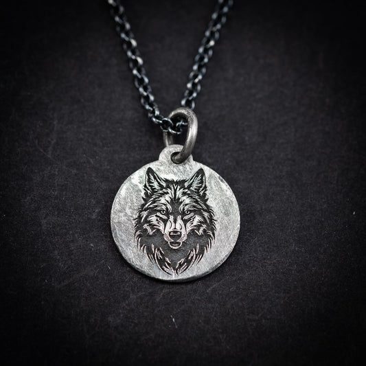Wolf Head Sterling Silver mens necklace, Viking Animal jewelry, Christmas mens gift, Personalized engraved custom necklace